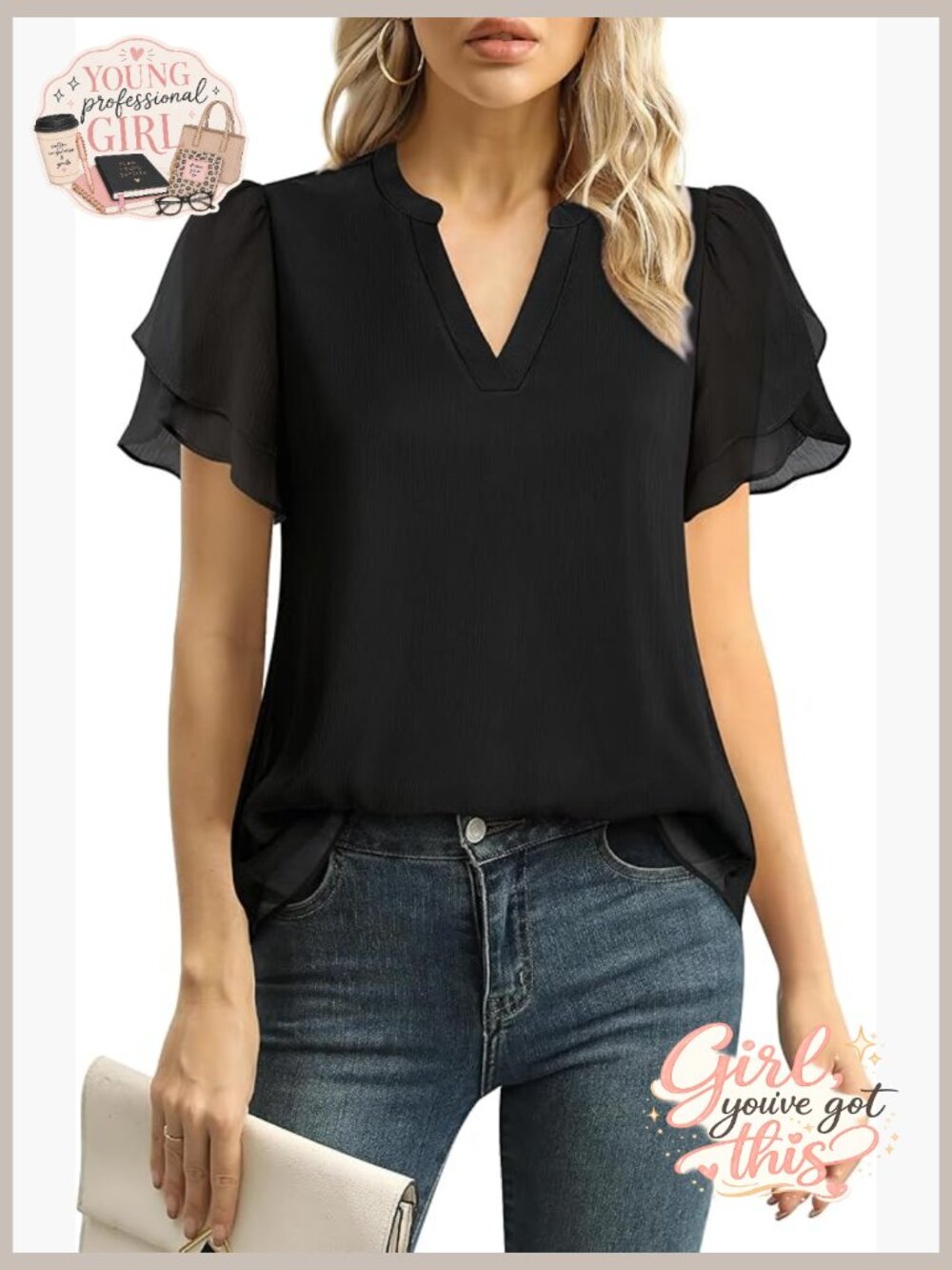 Dressy Chiffon Blouse with Petal Sleeves V-Neck Casual Work Top